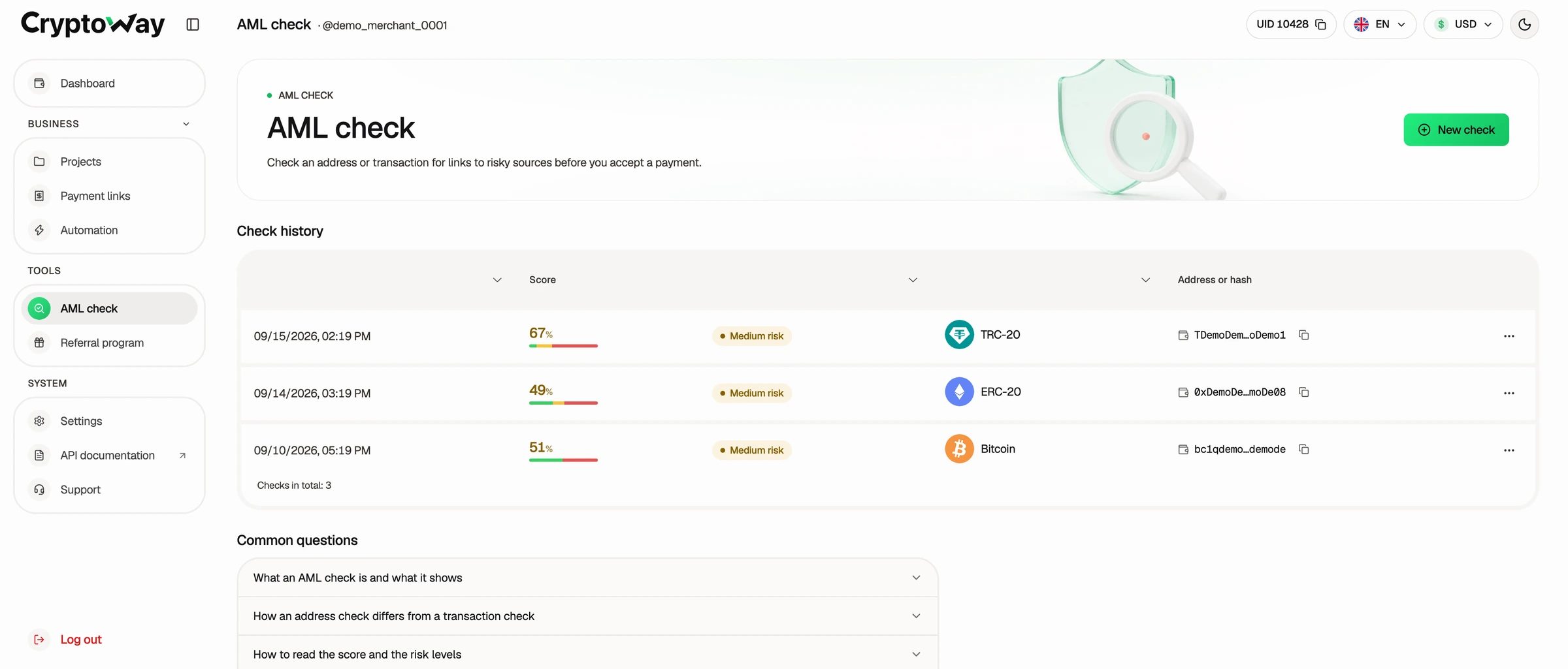 Cryptoway AML check screen with risk scores and history