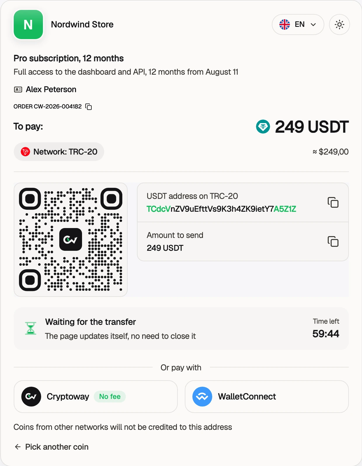 Cryptoway payment page with amount, QR code and wallet address