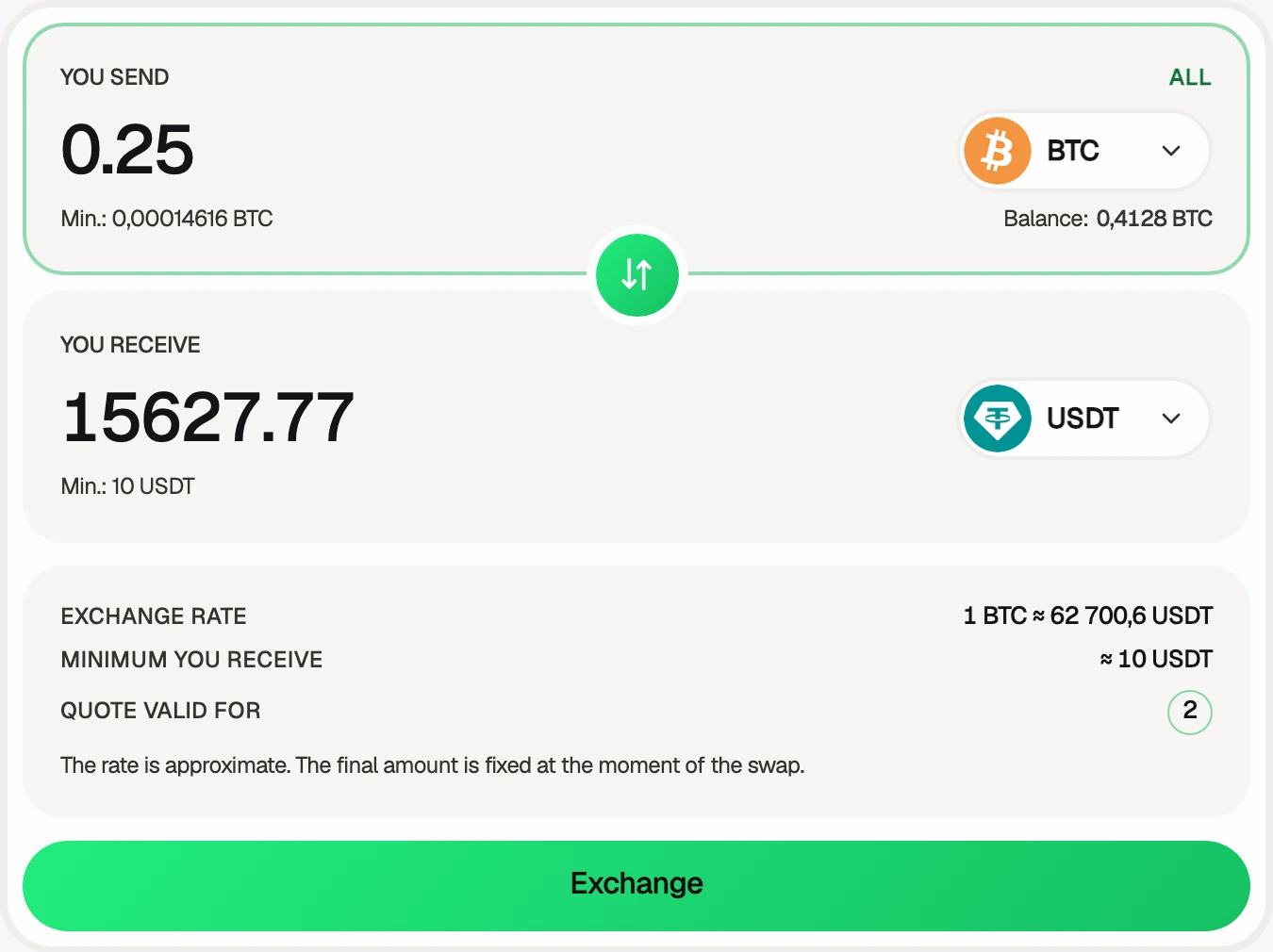 Cryptoway conversion form, 0.25 BTC to USDT
